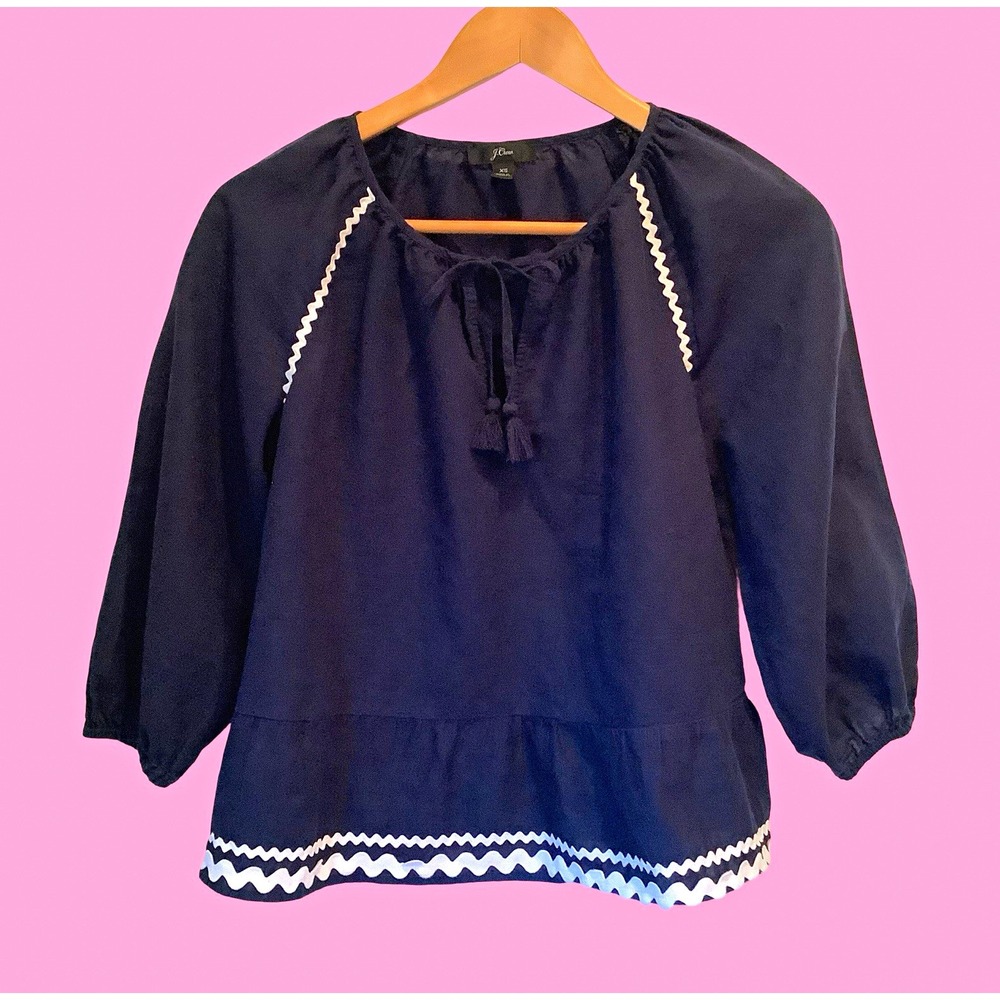 J.Crew Womens Blue Linen Cotton Boho Peasant Blouse Rickrack Trim Puff Sleeve XS